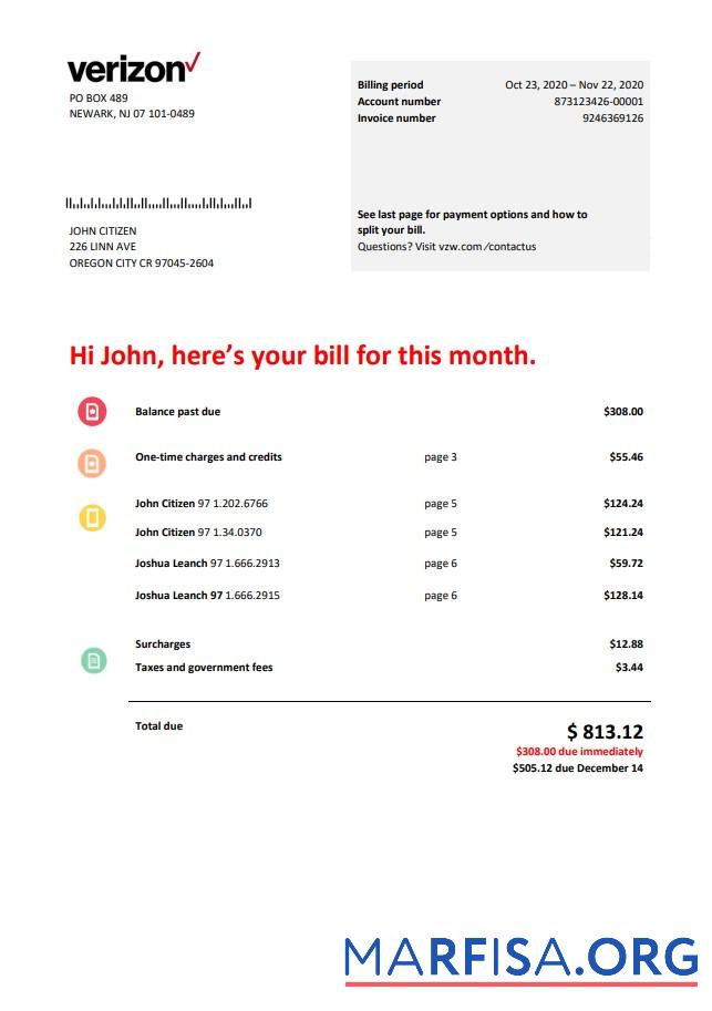 Blank USA Verizon telecommunications utility bill template in Word and PDF format